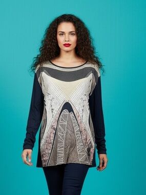 Zara Basic Raw Hem Long Sleeve Geometric Pattern Stretchy Top Size XXL